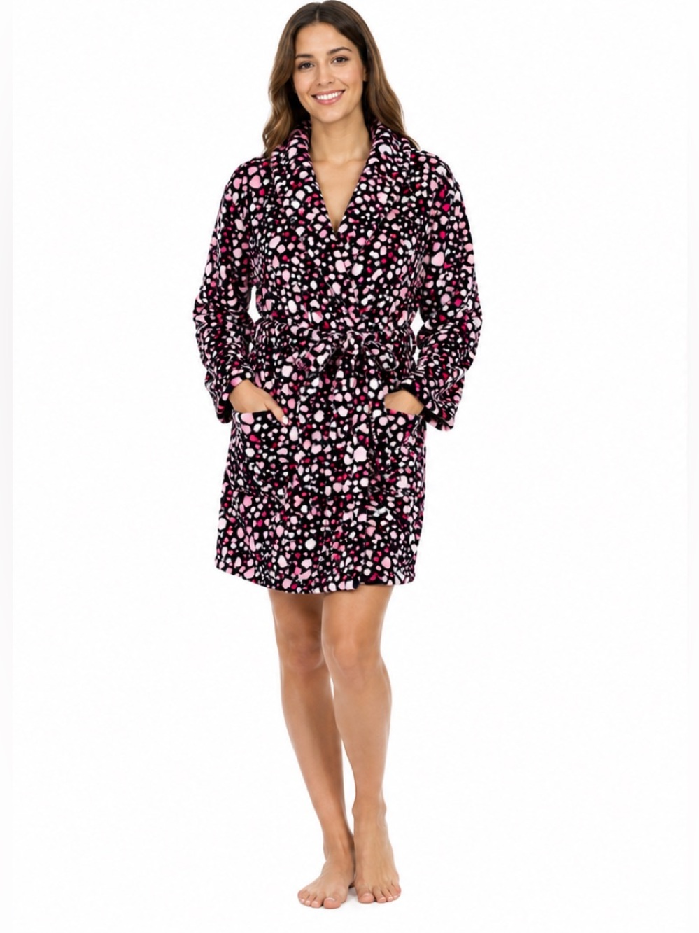 Vera Bradley Black Plush Short Robe with Pink and White heart Print
